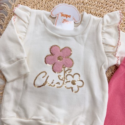 Conj. Casaco de Moletom Chic Flor e Calça Ribana em Plush - Off White e Risa